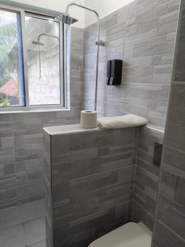 a bathroom with a shower and a toilet and a window at POLE POLE House in Nungwi