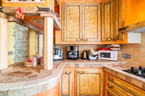 a kitchen with wooden cabinets and a microwave at Villa Dacia in Guiglia