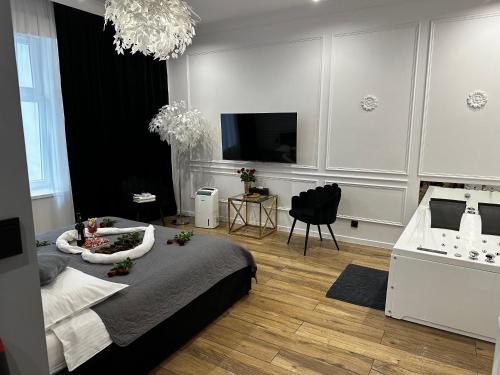 a living room with a bed and a television at Apartament Shine Prywatne Jacuzzi Starowiślna Kraków in Kraków