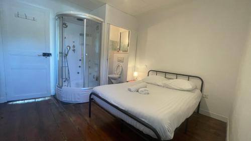 une petite chambre avec un lit et une douche dans l'établissement Duplex 4br - 1,5km beach - WIFI/VOD - AirCond, à Biarritz