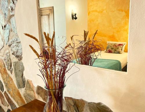 a vase with plants sitting on a table in front of a mirror at Agro-Turismo Monte da Galega in Mina de São Domingos