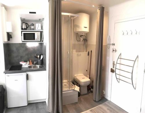 une petite salle de bain avec toilettes et lavabo dans l'établissement Studio RETRO, à Chambéry