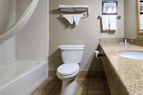 a bathroom with a toilet and a tub and a sink at Comfort Inn & Suites Shakopee Downtown Area in Shakopee