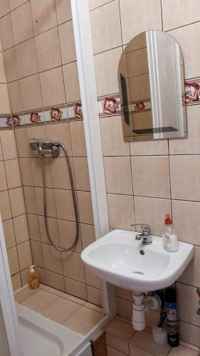 a bathroom with a sink and a shower with a mirror at Dom Pod Gruszą in Chmielno