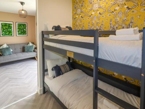 a bedroom with two bunk beds and a couch at Valley Lodge 4 - North Wales Eco Lodges in Ruthin