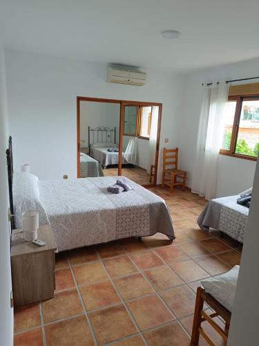 a bedroom with two beds and a large mirror at Aires Del Ambroz in Casas del Monte