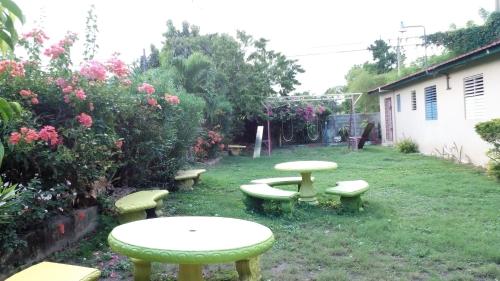 a group of picnic tables and benches in a yard at Pineapple Court Hotel in Ocho Rios