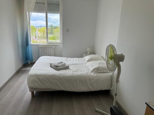 une chambre avec un lit avec un ventilateur et une fenêtre dans l'établissement T4 Spacieux à proximité de la gare stationnement gratuit, à Saint-Étienne