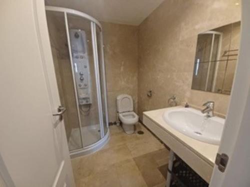 a bathroom with a shower and a sink and a toilet at Spacious 6-bed Apartment in Marina de la Alcaidesa in Alcaidesa