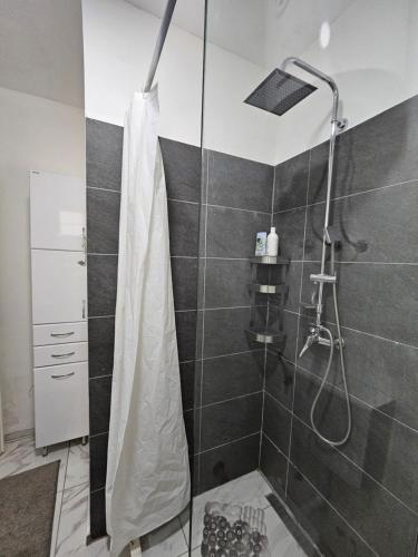 a bathroom with a shower with a shower curtain at Apartmani Radman 2 in Igalo