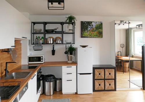 a kitchen with a white refrigerator and a table at Apartamento Buena Vista in Linz