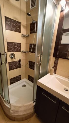 a bathroom with a shower and a sink at NewIsland Family Apartman in Sárvár