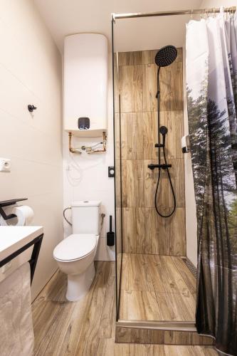 a bathroom with a toilet and a shower at Penzión Esprit in Sučany