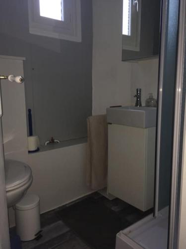une salle de bain avec toilettes et lavabo dans l'établissement Appartement cosy vue mer, au Tréport