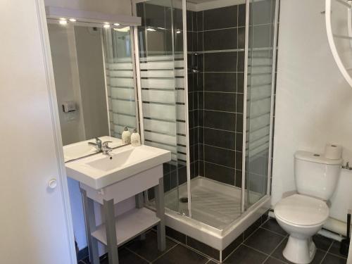 une salle de bain avec une douche, un lavabo et des toilettes dans l'établissement Sol-y-Days Cap Camargue duplex et piscine, au Grau-du-Roi