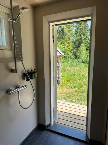 a shower in a bathroom with a door open at Panga Sauna Hut in Lähtru