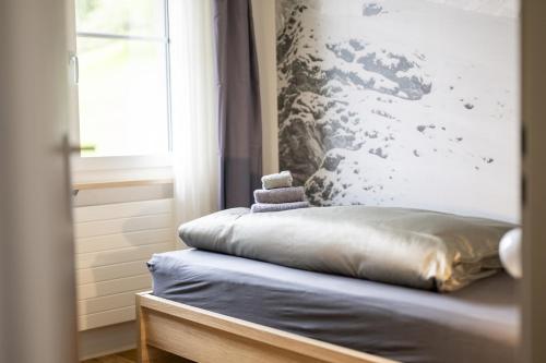 a bed in a room next to a window at Chasa Valbernard in Vulpera