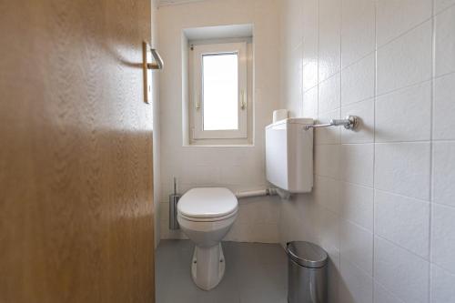 a small bathroom with a toilet and a window at Central Apartments Cristlpek in Ortisei