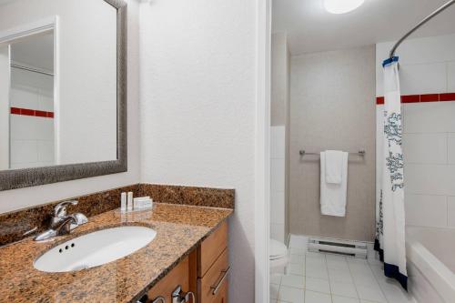 La salle de bains est pourvue d'un lavabo, de toilettes et d'un miroir. dans l'établissement Residence Inn by Marriott Kingston Water's Edge, à Kingston