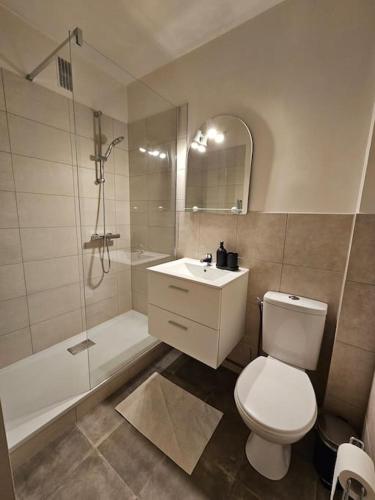 une salle de bain avec toilettes, lavabo et douche dans l'établissement Le 19 #Terrasse#Parking, à Clermont-Ferrand