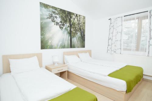 two beds in a room with white walls and a window at Hotel Superski in Cavnic