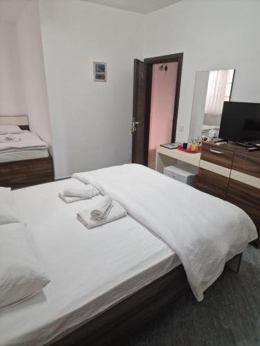 a bedroom with two beds and a television in it at Rooms Dana Old Town Budva in Budva
