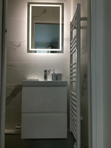 une salle de bain avec un lavabo et un miroir dans l'établissement Cocon chic parisien niché au cœur de Montmartre, à Paris