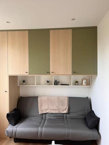 - un canapé dans le salon avec des placards en bois dans l'établissement Studio Melun Peaceful Area 5 min to Train Station, à Melun