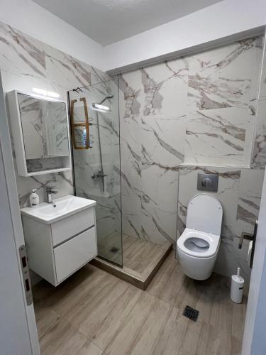 a bathroom with a toilet and a shower and a sink at Perla 2 Paralia Ofriniou in Ofrínion