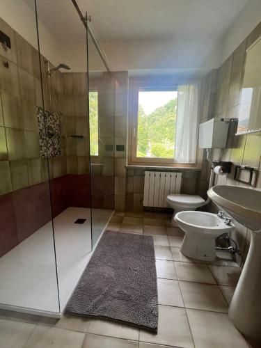 a bathroom with a shower and a toilet and a sink at Appartamenti Bisoffi in Dimaro