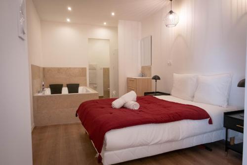 une chambre avec un lit et une salle de bain avec baignoire dans l'établissement Bibemus Casa Maja - baignoire balnéo - parking - terrasse, à Saint-Étienne