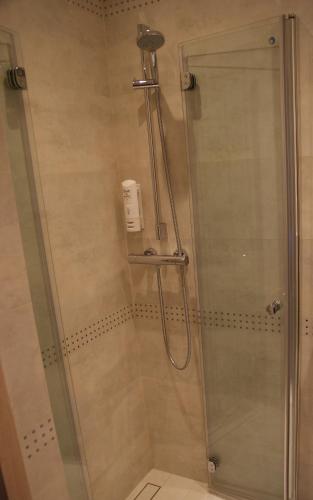 a shower with a glass door in a bathroom at Willa Wiosna in Września