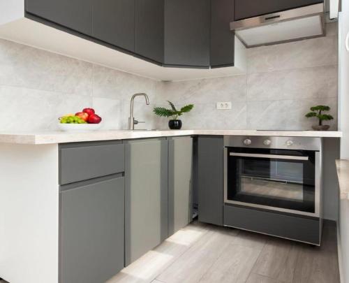a kitchen with gray cabinets and a sink and an oven at RENATA Mare HOLLIDAY HOUSE in Rovinj