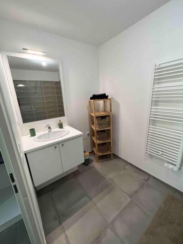 une salle de bain avec un lavabo et un miroir dans l'établissement Appt à 10 min de la place comédie Montpellier, à Castelnau-le-Lez
