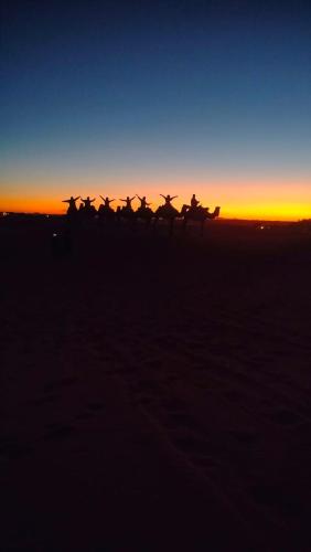 a group of people riding horses in front of the sunset at Merzouga wild Camp in Merzouga