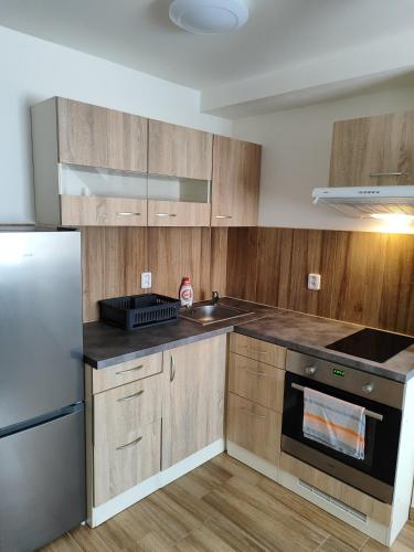 a kitchen with wooden cabinets and a stainless steel refrigerator at Kralovak in Králŭv Dvŭr