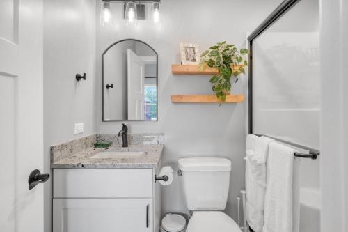 a bathroom with a toilet and a sink and a mirror at A Touch of Grey in Ottawa