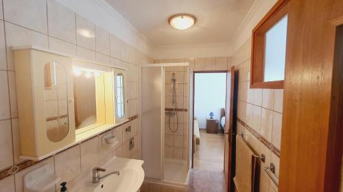 ein Badezimmer mit Waschbecken, Dusche und Spiegel in der Unterkunft Moj Mir in Betina