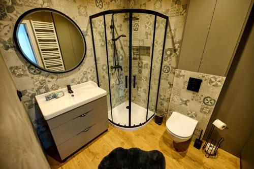 a bathroom with a shower and a sink and a toilet at Babichy 29 DOM Apartamenty MANDORIA , Rodzina , Family , Orientarium , PTAK , Parking bezpłatny in Babichy