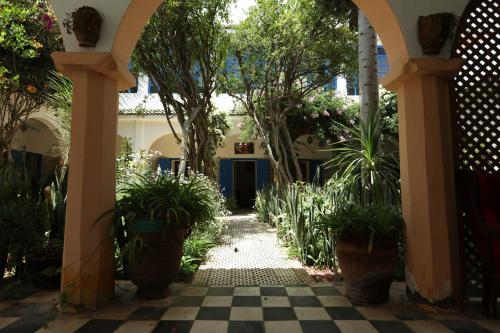 a courtyard with potted plants and a checkered floor at Riad Isla in Essaouira