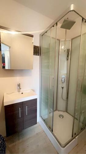 une salle de bain avec une douche en verre et un lavabo dans l'établissement Charmant studio au calme avec piscine, à Lespignan