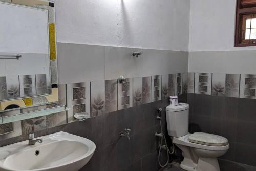 a bathroom with a sink and a toilet and a mirror at Lake View villa 2 BR near beach in Tangalle