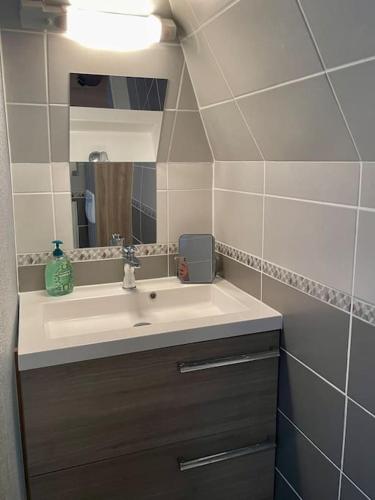une salle de bain avec un lavabo et un miroir dans l'établissement Studio Vue Mer, à Villers-sur-Mer