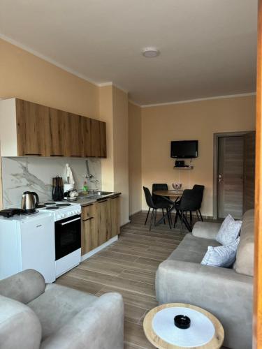 a living room with a couch and a kitchen at Apartmani Bulevar in Cetinje