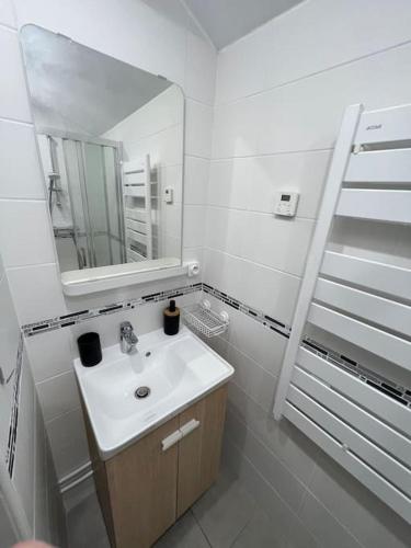 une salle de bain blanche avec un lavabo et un miroir dans l'établissement Peace & Loire, à Cosne Cours sur Loire