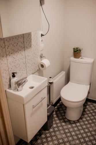 a bathroom with a white toilet and a sink at Saules iela 2A in Saldus