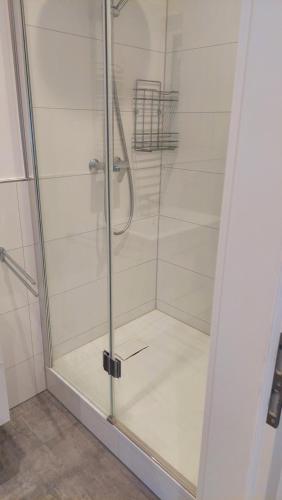 a shower with a glass door in a bathroom at Haus Blankenagel in Hagen