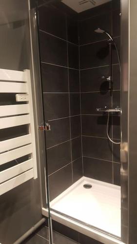 une douche avec une porte vitrée dans une salle de bain dans l'établissement Studio au cœur de l'hyper centre, à Caen