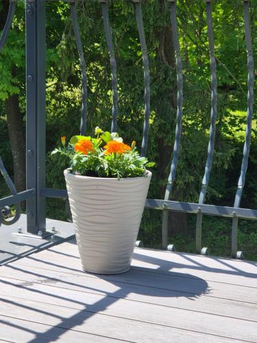a white pot with orange flowers sitting on a deck at Saules iela 2A in Saldus