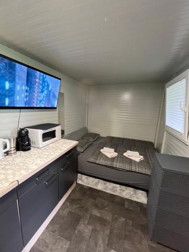 a small room with a bed and a microwave at Mobile house T&N in Velenje
